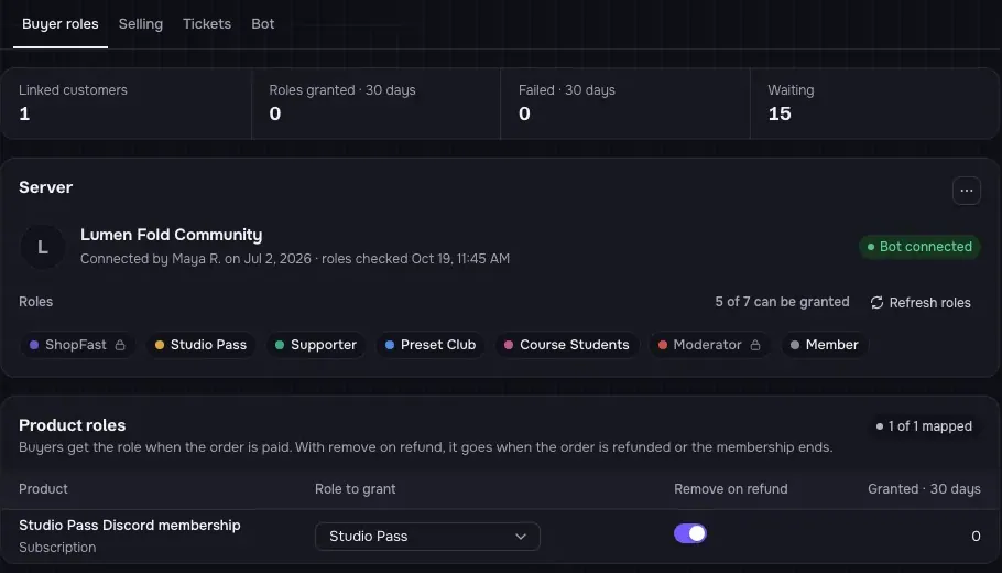 Discord settings in ShopFast: the connected server with its roles, and a product that grants the Studio Pass role when the order is paid.