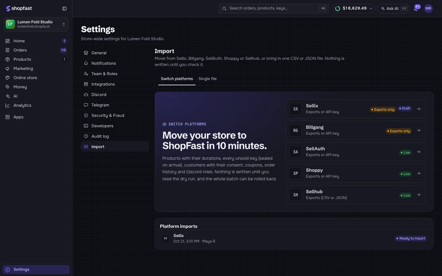 Settings → Import in a ShopFast store. The Import page in ShopFast with the Switch platforms and Single file tabs.