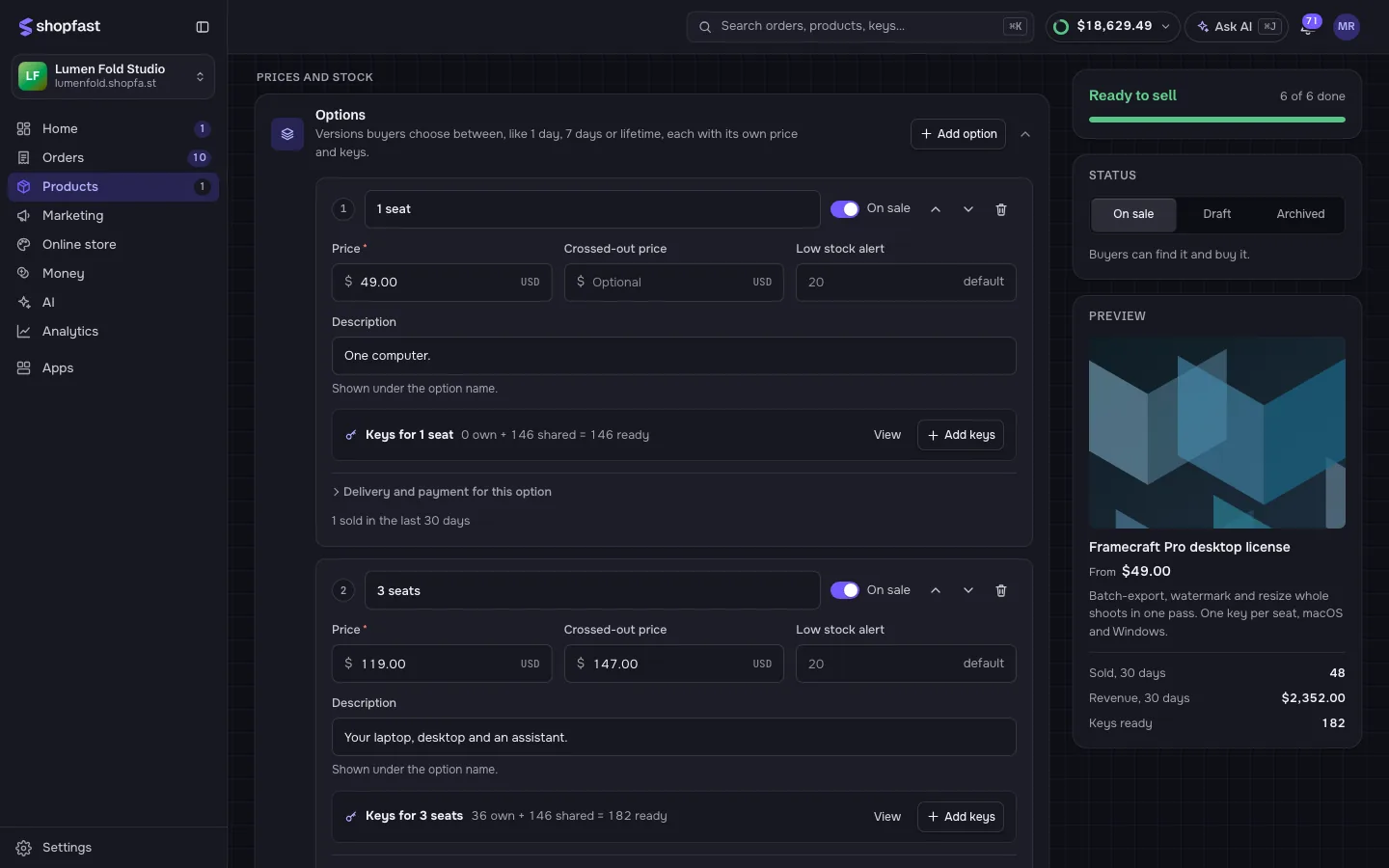 Options with their own price and key pool in the ShopFast product editor (demo store). A license key product in the ShopFast product editor: two options, 1 seat at $49.00 and 3 seats at $119.00, each with its own pool of keys ready to deliver.