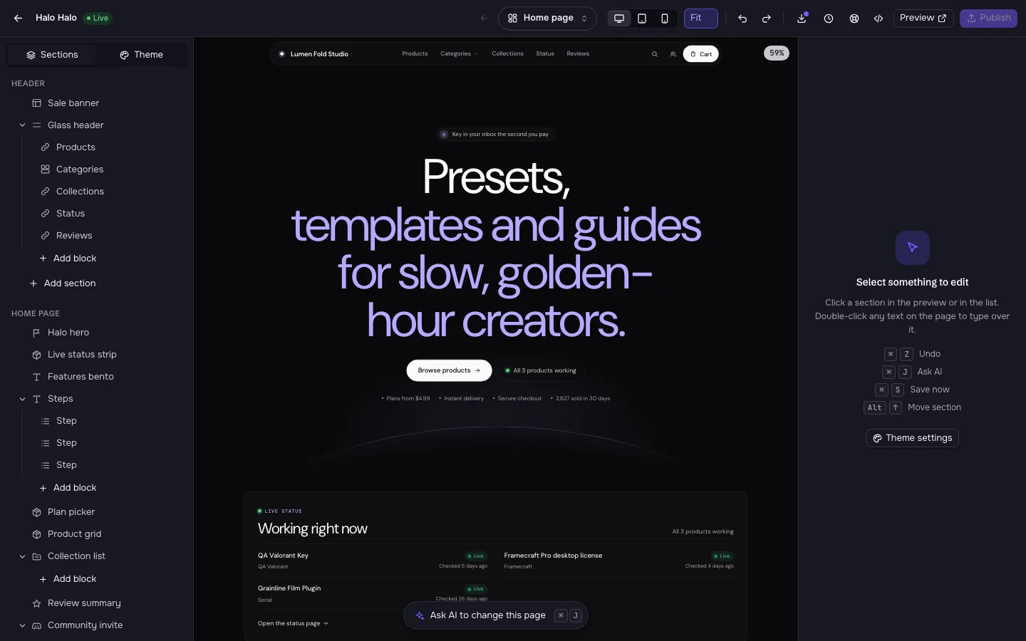 The ShopFast theme editor: the home page’s sections on the left, the storefront previewed in the middle and the settings panel on the right.