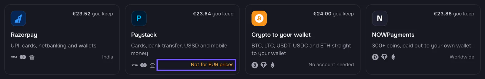 Gallery tiles on a store that sells in euros: the Paystack tile says 'Not for EUR prices', outlined, next to Razorpay, Crypto to your wallet and NOWPayments.