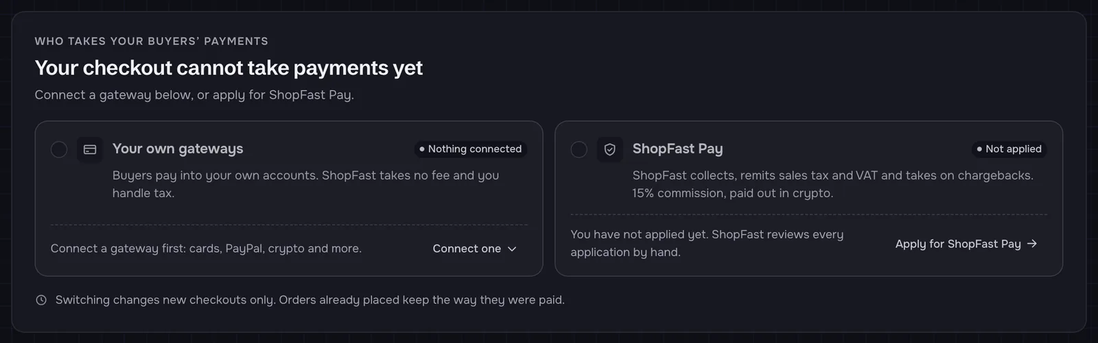 The card 'Who takes your buyers’ payments' on a new store: 'Your checkout cannot take payments yet. Connect a gateway below, or apply for ShopFast Pay.' Two options, neither picked: Your own gateways, 'Nothing connected', with a Connect one button; ShopFast Pay, 'Not applied', with Apply for ShopFast Pay.