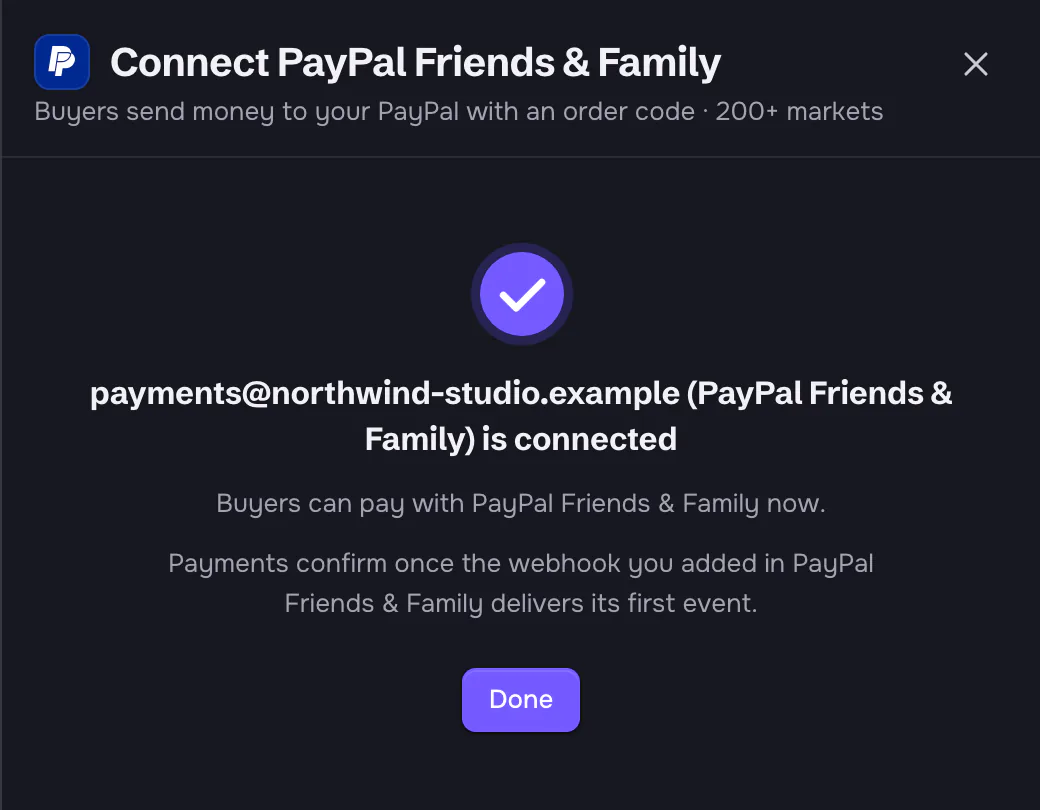 The panel after connecting: 'payments@northwind-studio.example (PayPal Friends & Family) is connected. Buyers can pay with PayPal Friends & Family now. Payments confirm once the webhook you added in PayPal Friends & Family delivers its first event.' and a Done button.