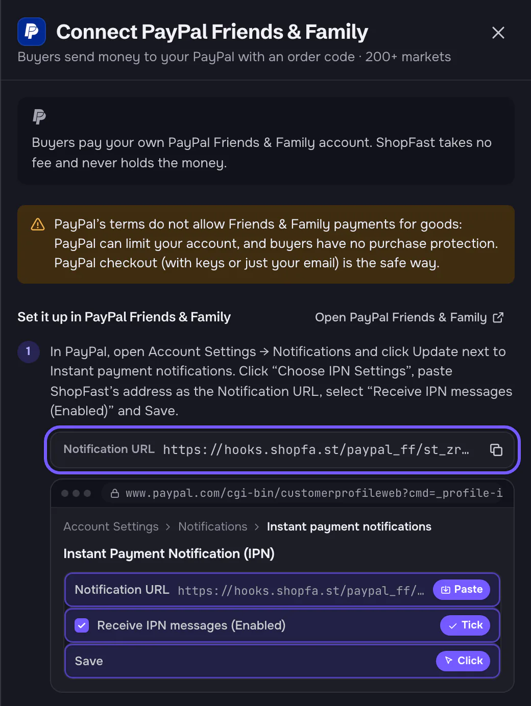 The Connect PayPal Friends & Family panel: the warning that PayPal's terms do not allow Friends & Family payments for goods, then step 1 with a Notification URL box and copy button, outlined, and a drawing of PayPal's IPN settings: paste the Notification URL, tick Receive IPN messages (Enabled), click Save.