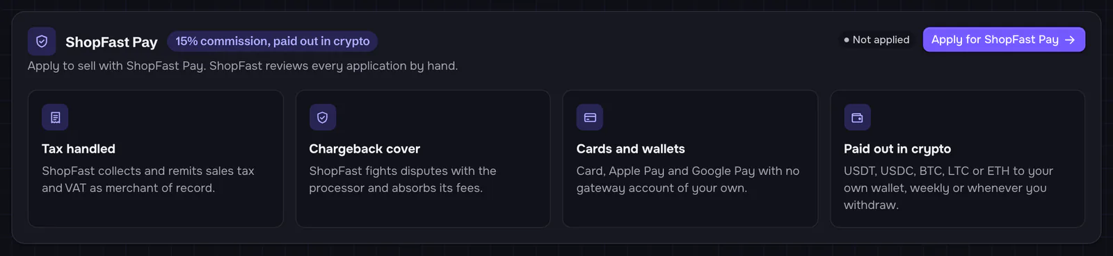 The ShopFast Pay card: '15% commission, paid out in crypto', 'Apply to sell with ShopFast Pay. ShopFast reviews every application by hand.', the badge Not applied and the button Apply for ShopFast Pay, with four tiles: Tax handled, Chargeback cover, Cards and wallets, Paid out in crypto.