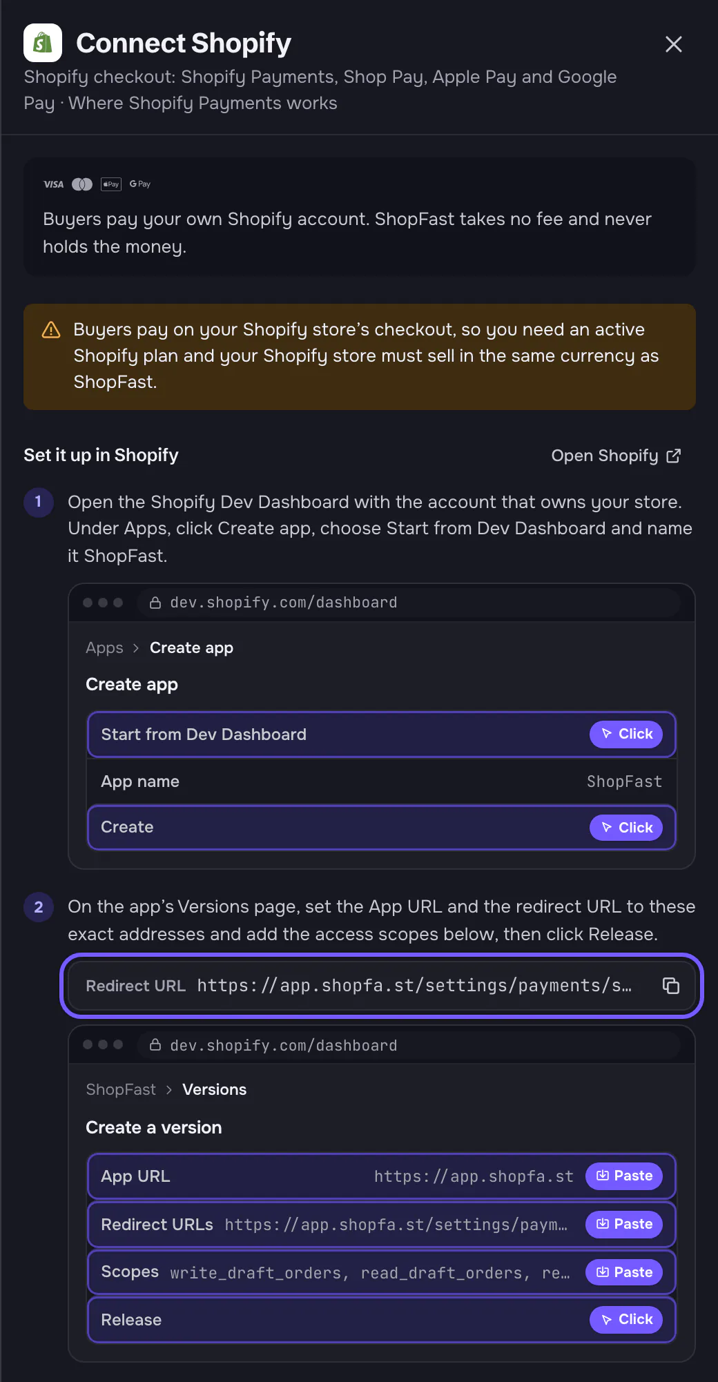 The Connect Shopify panel: a warning that buyers pay on your Shopify store's checkout, so you need an active Shopify plan and the same currency; step 1, Create app in the Dev Dashboard; step 2, a Redirect URL box with a copy button, outlined, and a drawing of the app's Versions page: App URL, Redirect URLs and Scopes to paste, then Release.