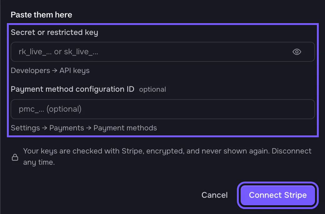 The bottom of the Connect Stripe panel: Paste them here, with the fields 'Secret or restricted key' (hint: Developers → API keys) and 'Payment method configuration ID' marked optional, outlined; the note 'Your keys are checked with Stripe, encrypted, and never shown again. Disconnect any time.'; and the buttons Cancel and Connect Stripe, outlined.