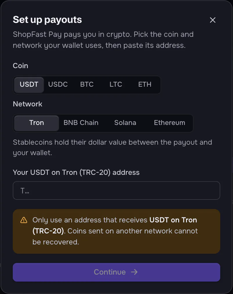 The Set up payouts dialog: 'ShopFast Pay pays you in crypto. Pick the coin and network your wallet uses, then paste its address.' Coin: USDT, USDC, BTC, LTC, ETH. Network: Tron, BNB Chain, Solana, Ethereum. 'Stablecoins hold their dollar value between the payout and your wallet.' A field for the USDT on Tron (TRC-20) address, a warning to only use an address that receives USDT on Tron (TRC-20) because coins sent on another network cannot be recovered, and Continue.